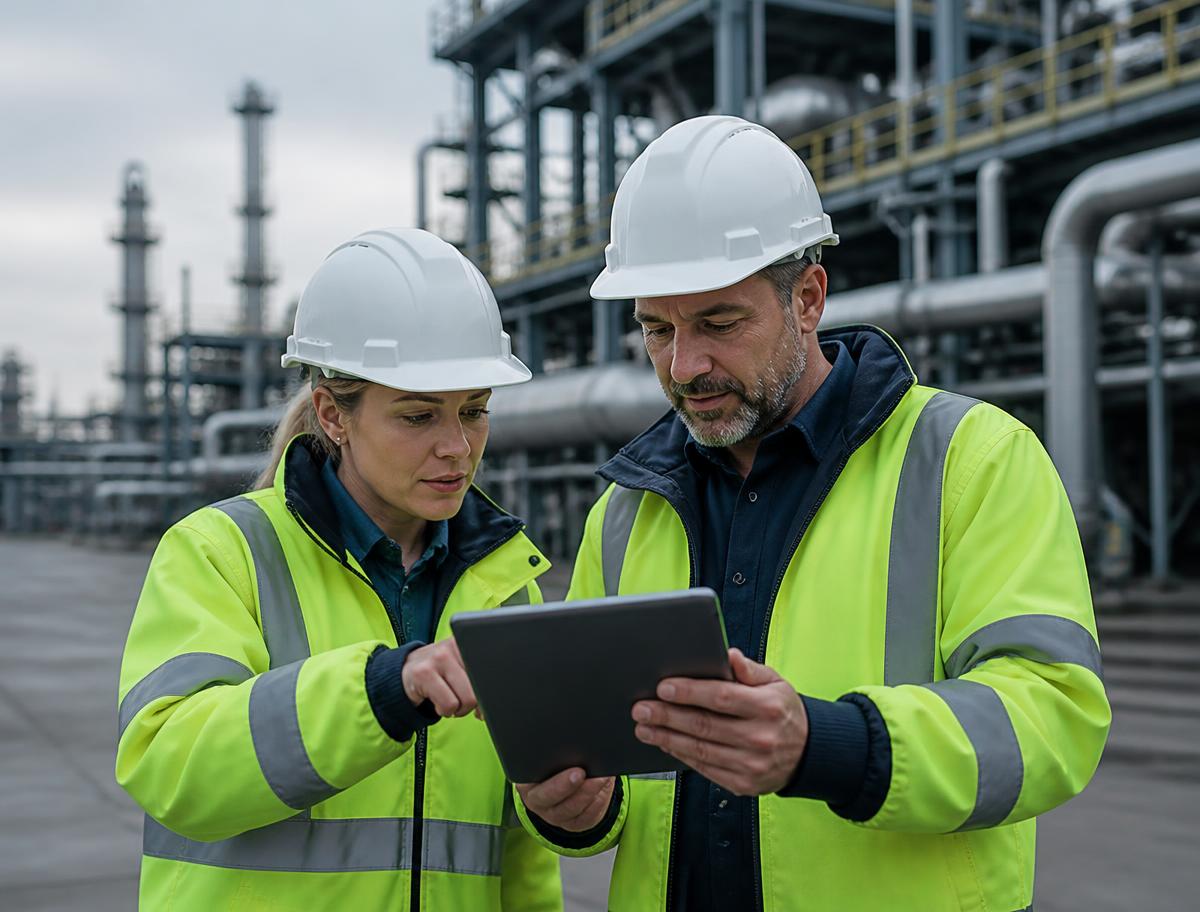 Two energy industry professionals in hi-vis jackets and hard hats reviewing plans on a tablet at a processing facility