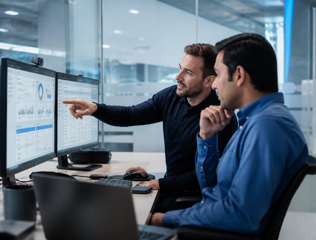 Two enterprise IT consultants discussing dashboards on screen in a modern office