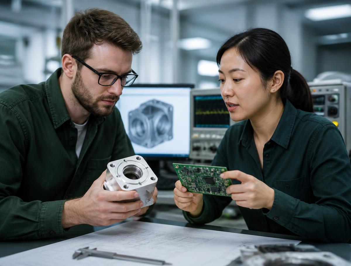 A mechanical engineer and an electronics engineer examining a machined component and a circuit board in a laboratory