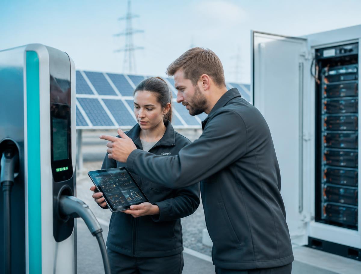 Two technicians inspecting an EV charging point and battery storage unit beside solar panels